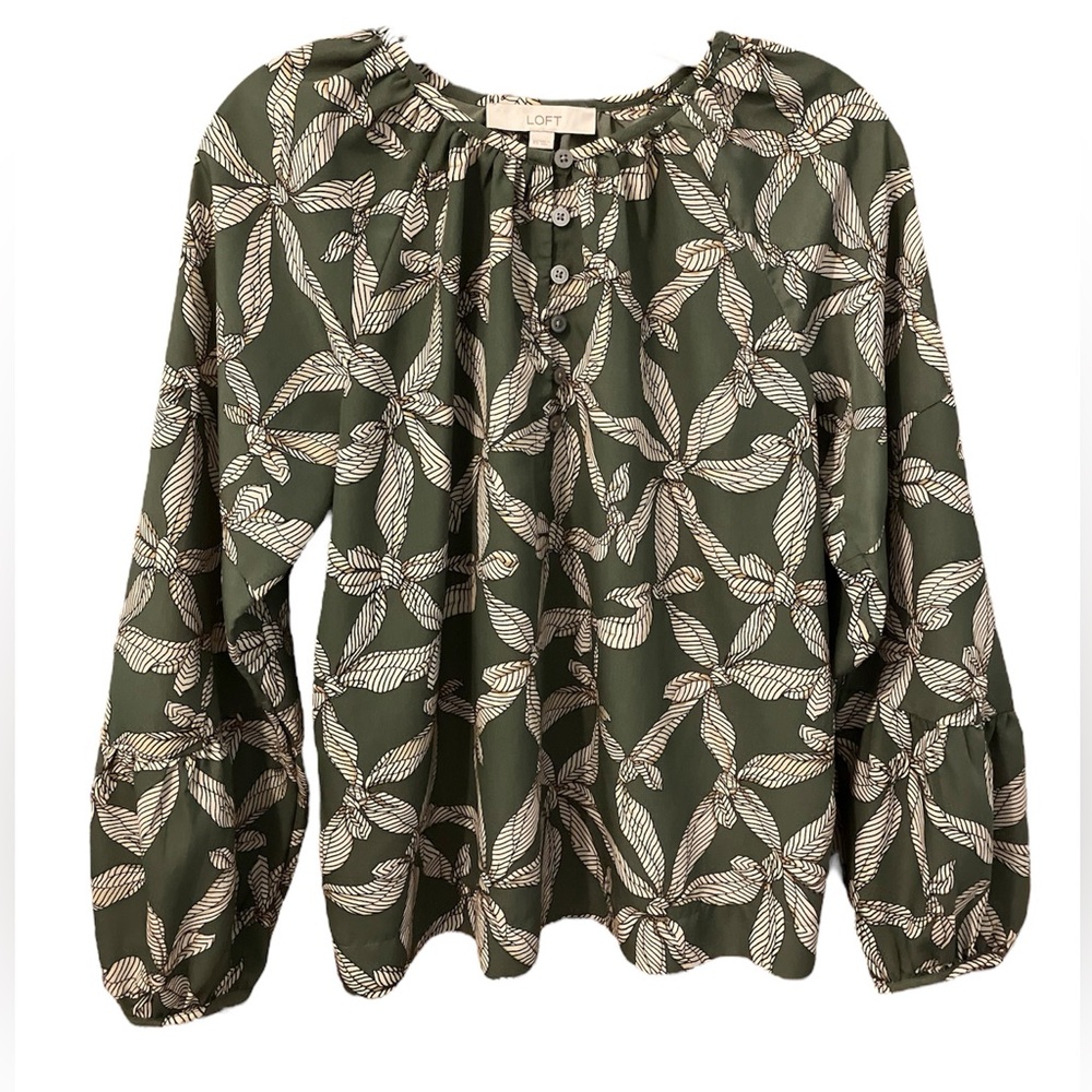 EUC LOFT Sage Green/Tan Print Loose-Fitting  Long Puff Sleeve Blouse Size XS